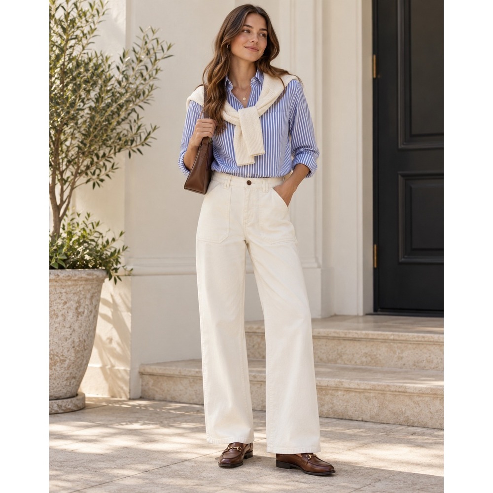 H&M L.O.G.G. Womens White Utility Wide Leg Pants Size 6 Coastal Preppy old money